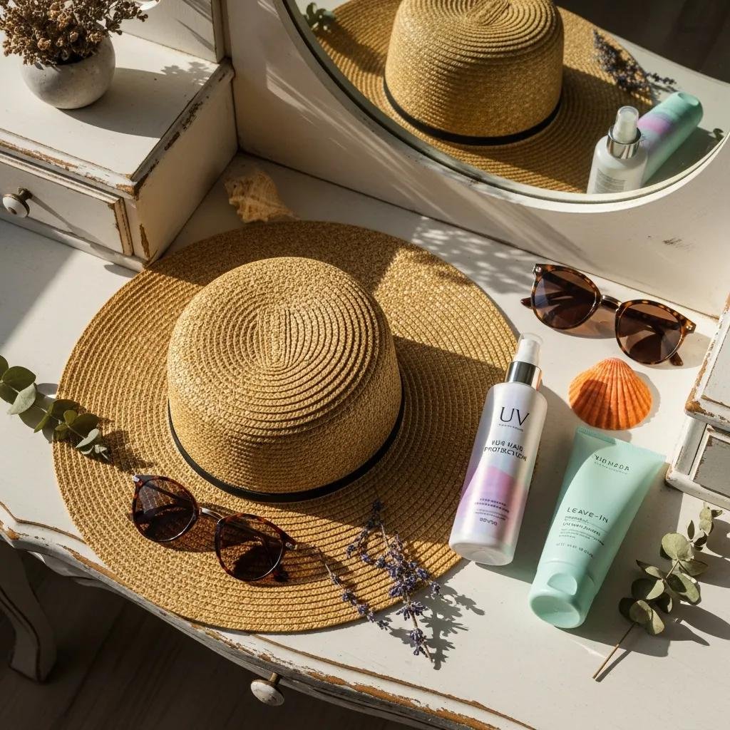 A hat and UV hair spray displayed together to show summer protection options