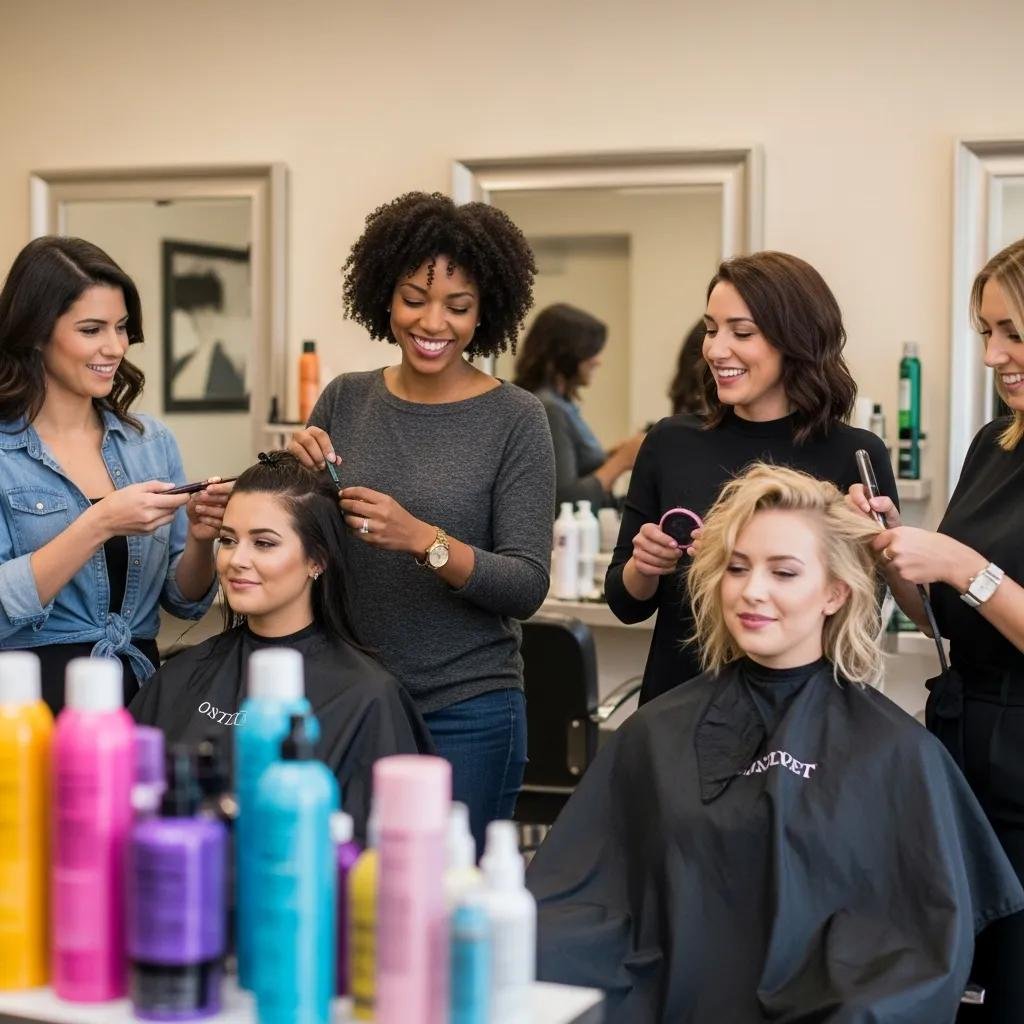 Diverse beauty bloggers collaborating in a Bethesda salon, showcasing vibrant hair transformations and beauty products