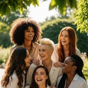 Diverse group of individuals with healthy hair enjoying a sunny day outdoors