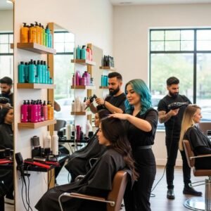Diverse hair stylists in a Bethesda salon engaging with clients, showcasing local beauty culture
