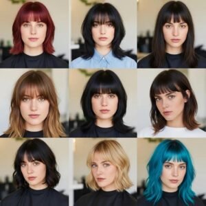 Diverse individuals showcasing trendy fringe and bangs hairstyles in a modern salon setting