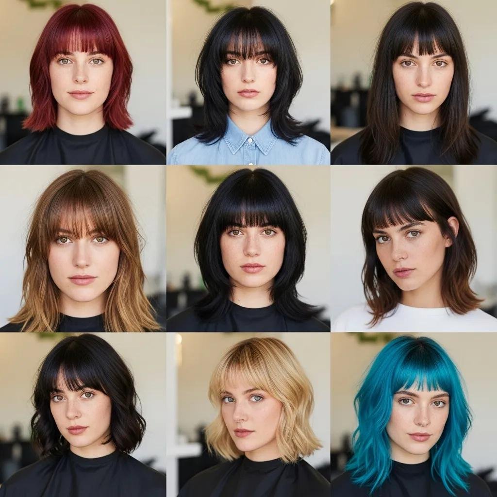 Diverse individuals showcasing trendy fringe and bangs hairstyles in a modern salon setting