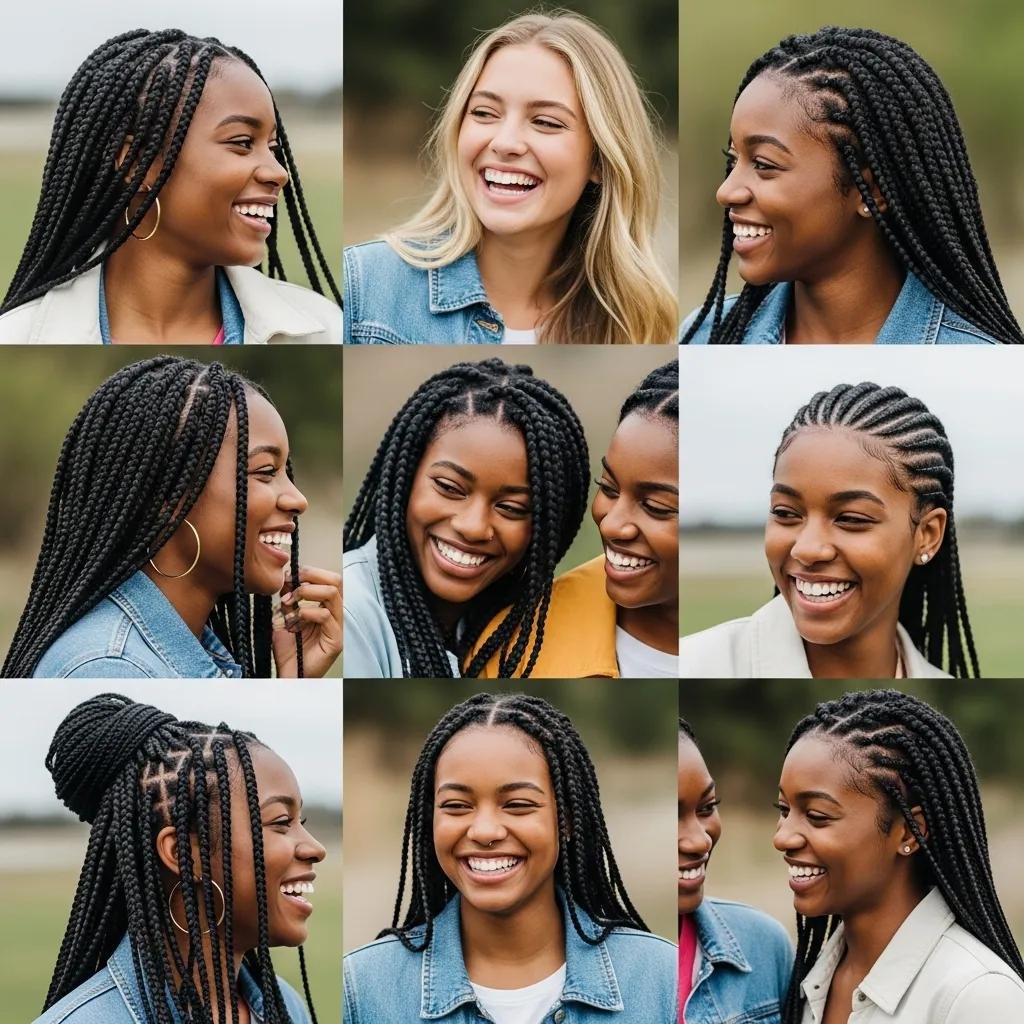 Diverse individuals showcasing various protective hairstyles for African American hair in a natural outdoor setting