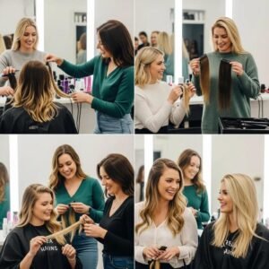 Diverse women showcasing different types of hair extensions in a modern salon setting