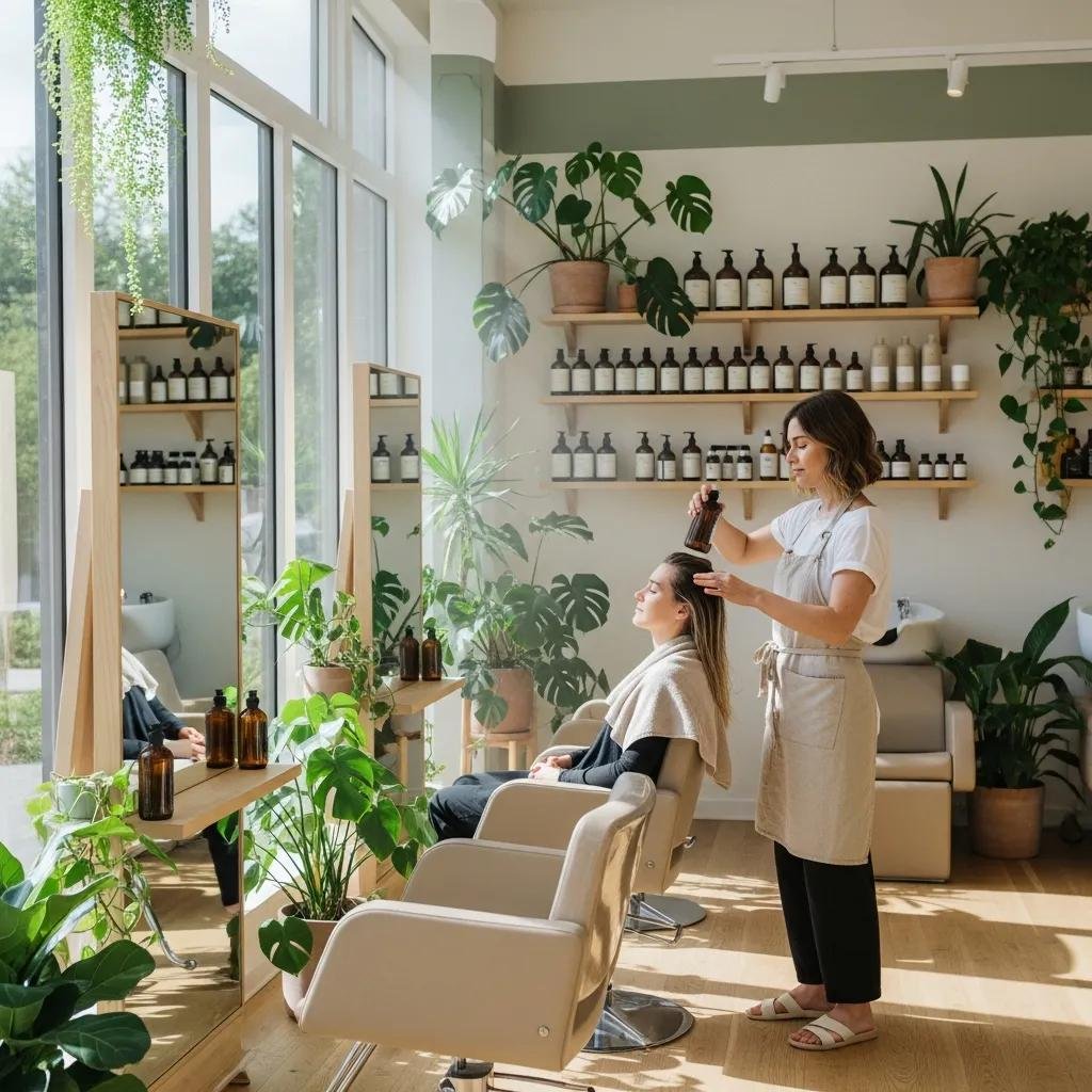Eco-conscious salon setting at Kylie Studio Salon with stylist using sustainable products