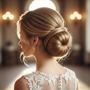 Elegant classic chignon hairstyle on a bride, showcasing refined updo for formal styling