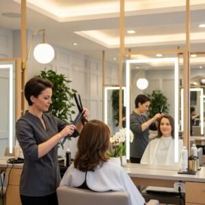 Elegant hair salon scene in Bethesda with a stylist working on a client's hair, emphasizing quiet luxury and healthy hair aesthetics