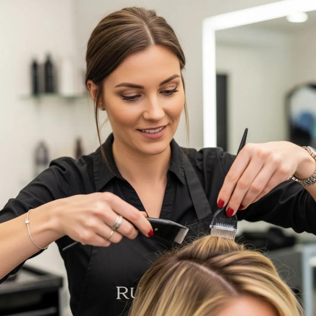 Ruth, the salon owner, applying color to a client in a professional studio setting
