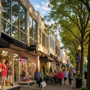 Fashion boutiques in Bethesda, MD with stylish storefronts and shoppers enjoying the vibrant atmosphere