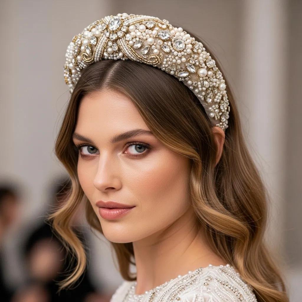 Model wearing a padded statement headband with loose waves, showing how it frames the face