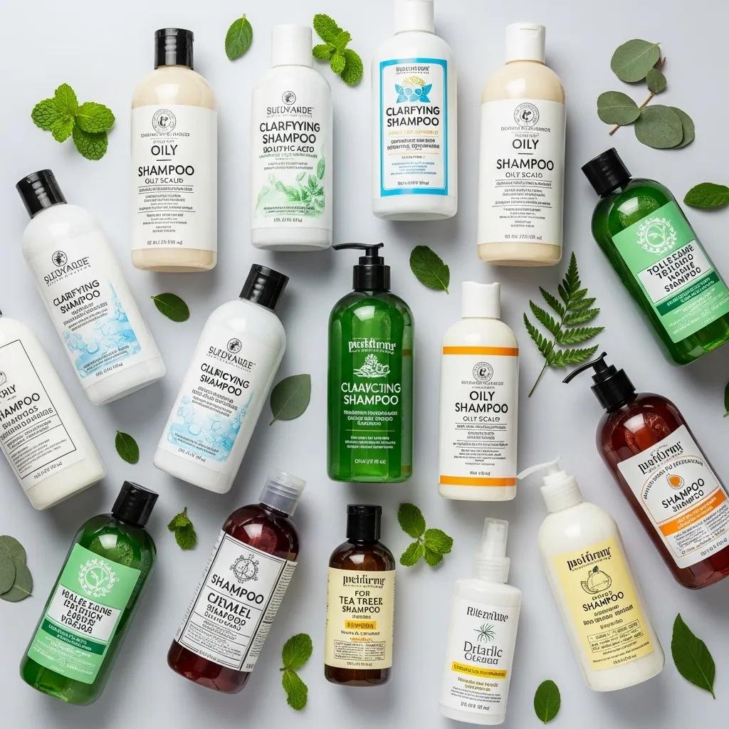 Flat lay of shampoo bottles selected for oily scalp care, showing a range of options