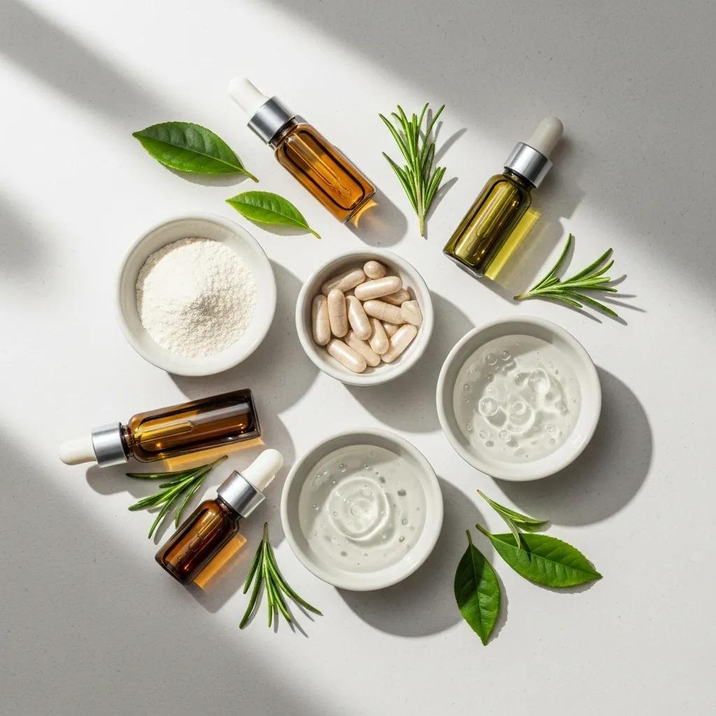 Flat lay of serum ingredients: peptide complexes, biotin capsules, and botanical extracts for lash care