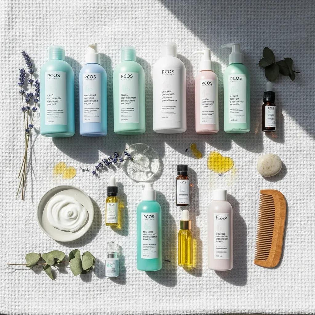 Flat lay of gentle hair-care products on a soft towel