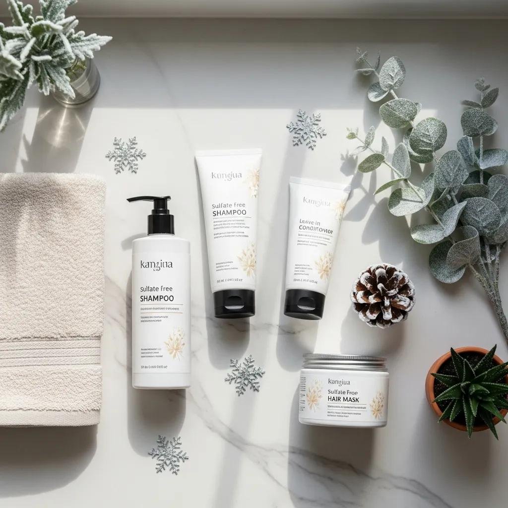 Flat lay of hydrating hair care essentials for winter on a bathroom counter