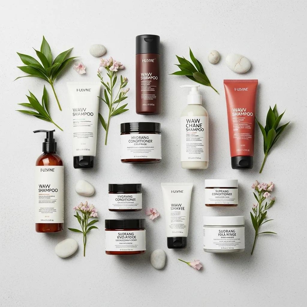 Flat lay of shampoo, conditioner, and styling products chosen for wavy hair care