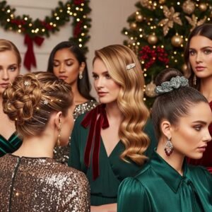 Glamorous holiday hairstyles showcasing elegant updos and voluminous waves in a festive setting