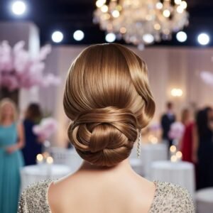 Glamorous model with Old Hollywood waves and sleek updo at a red carpet event, showcasing awards season hair trends