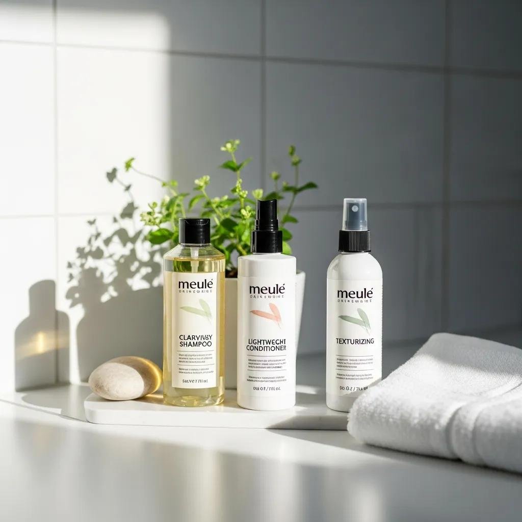 A simple lineup of hair care essentials — cleanser, lightweight conditioner, mask, and texturizer — for maintaining tousled French‑girl hair