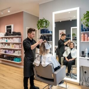 Hair color correction process in a salon, highlighting a stylist applying toner to a client's hair