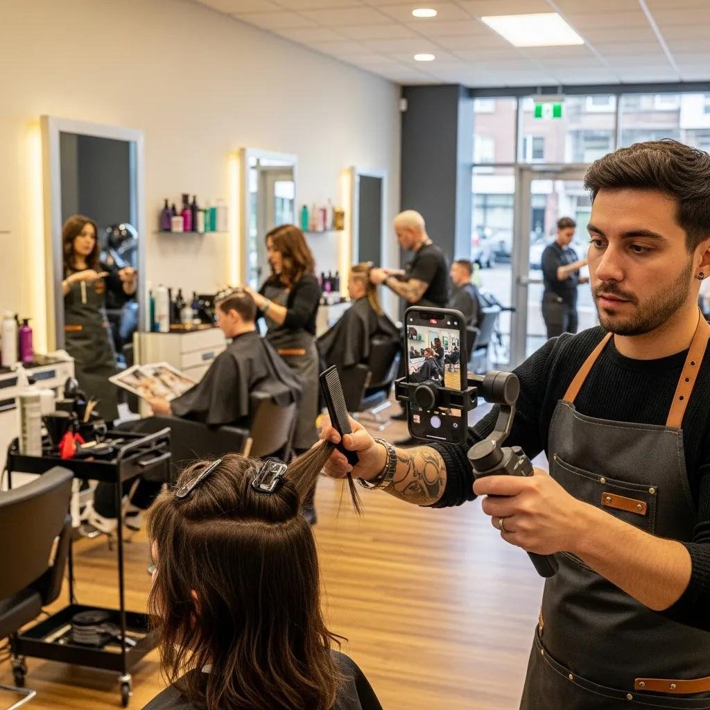 Stylist recording a transformation reel in a lively salon to share on social media