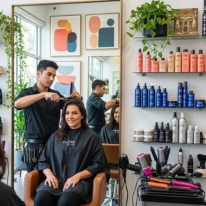 Hair stylist working on a client's hair in a modern salon, showcasing a vibrant and engaging atmosphere