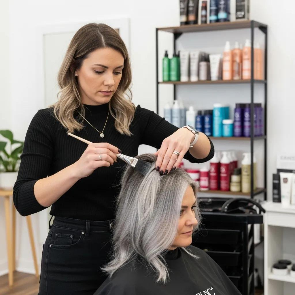 Stylist applying a gray blending technique to a client's hair in a bright, welcoming salon