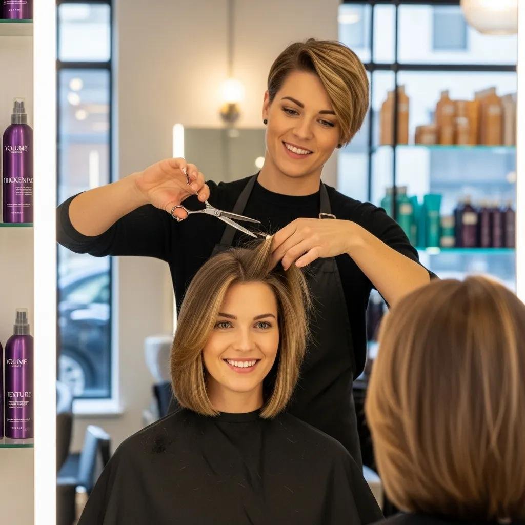 Stylist cutting a layered bob on a client with fine hair in a bright salon