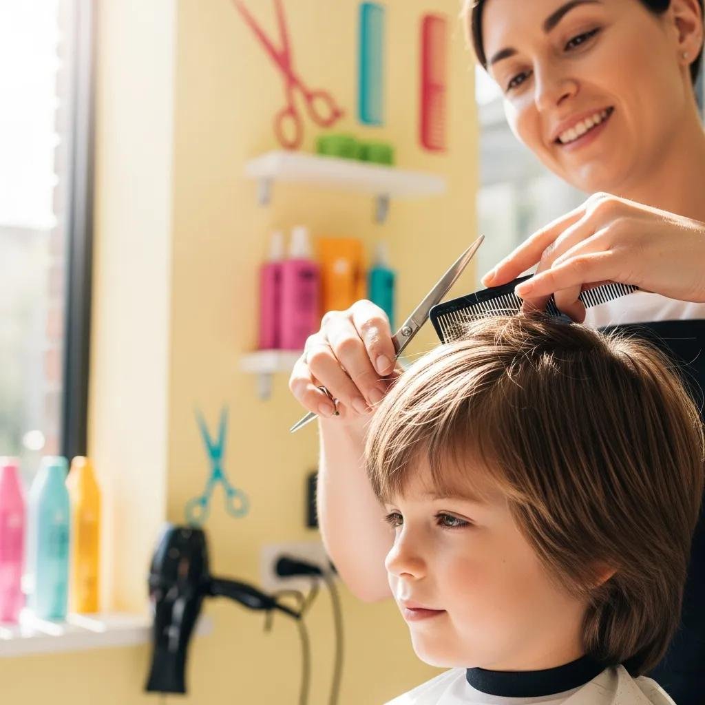 Stylist cutting a child's hair in a friendly salon environment