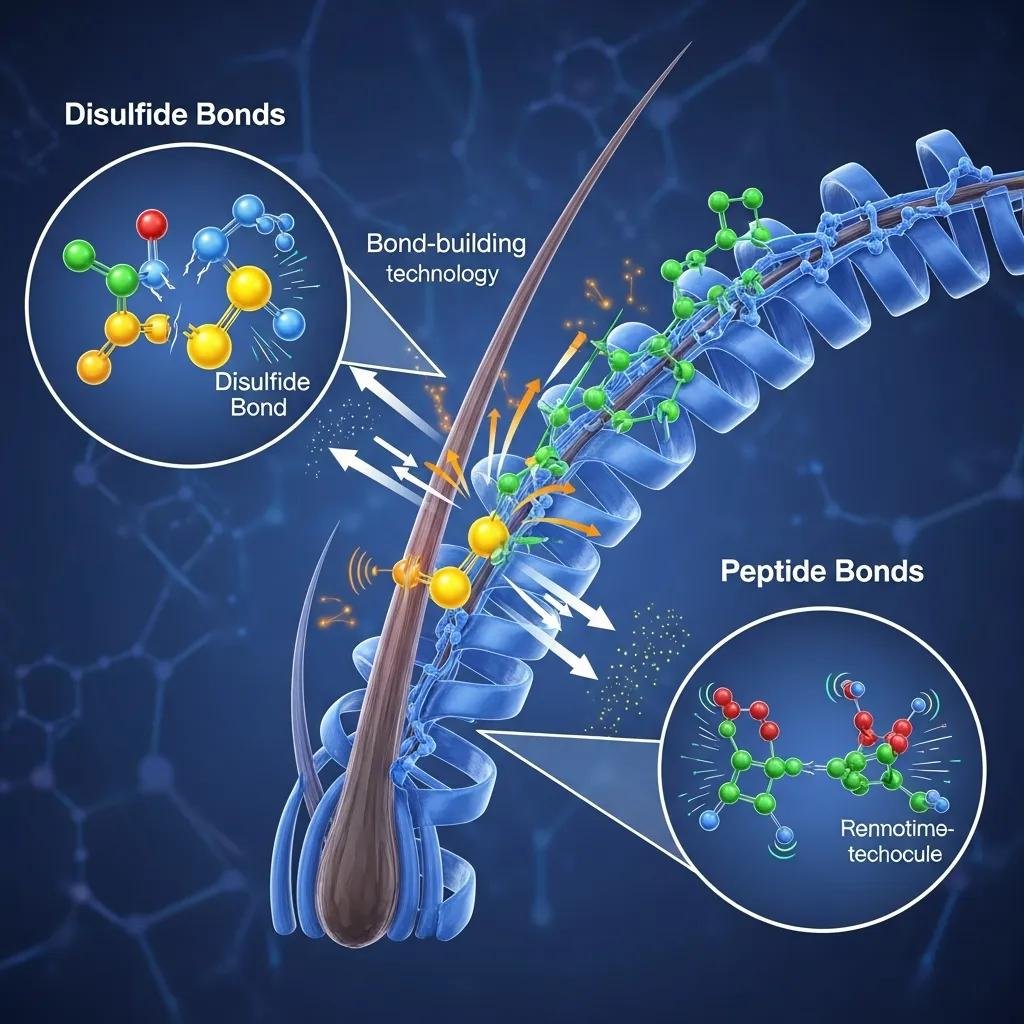 Diagram showing bond-building agents reconnecting internal hair structure at the molecular level
