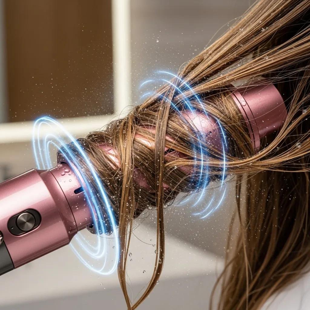 Diagram showing the Coanda effect in action as the Dyson Airwrap styles damp hair, highlighting airflow-based shaping