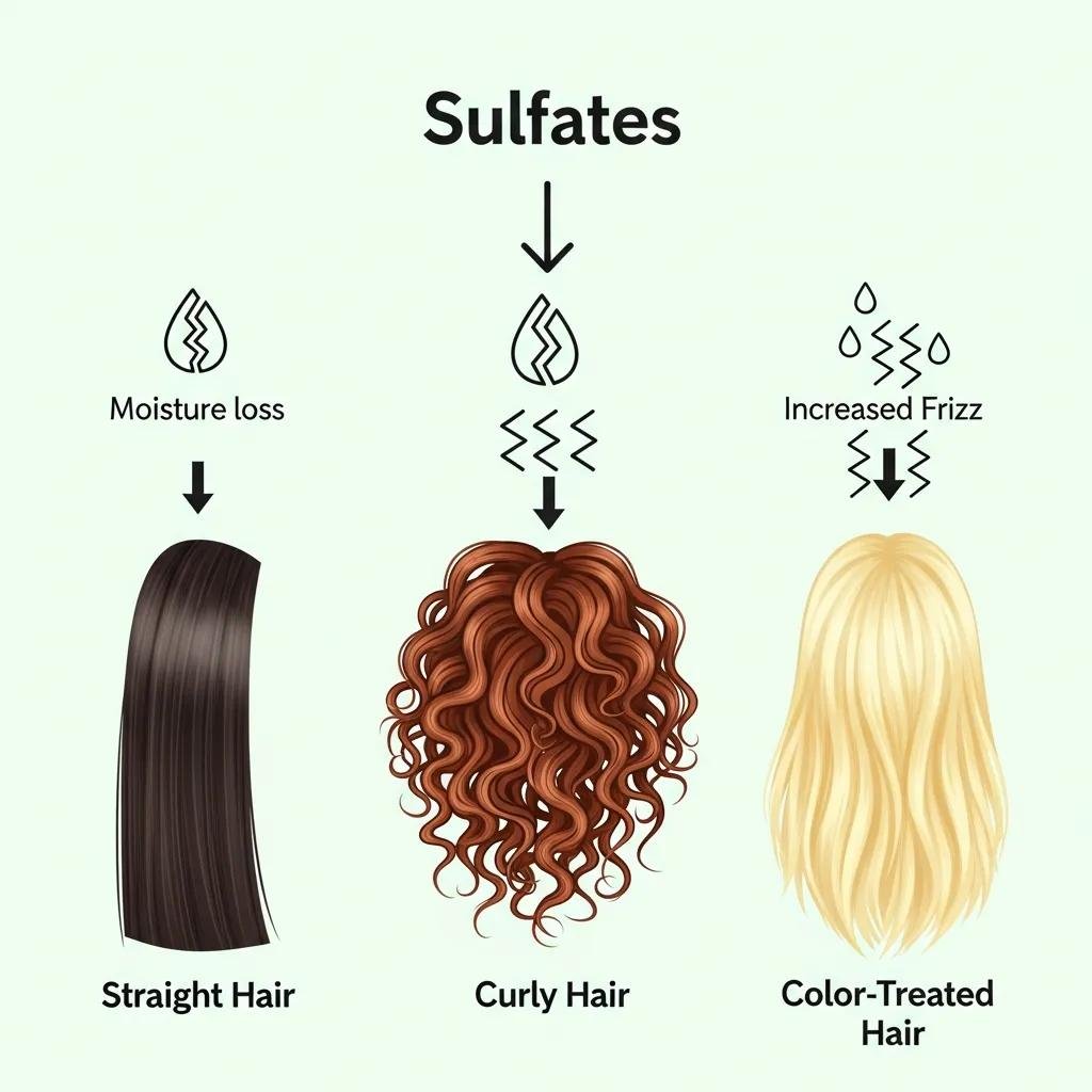 Diagram showing different hair types and how sulfates influence moisture and frizz