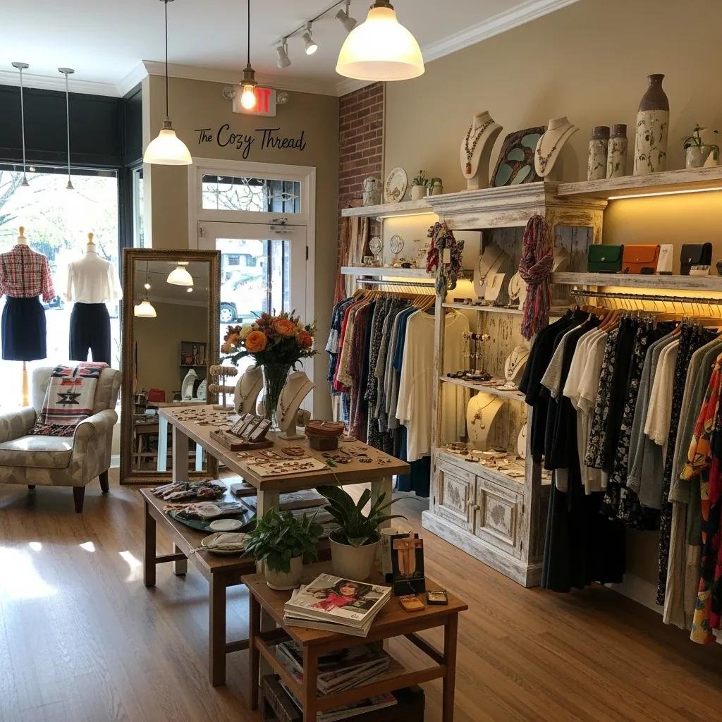 Bright, curated interior of an independent Bethesda boutique showing one-of-a-kind clothing and accessories