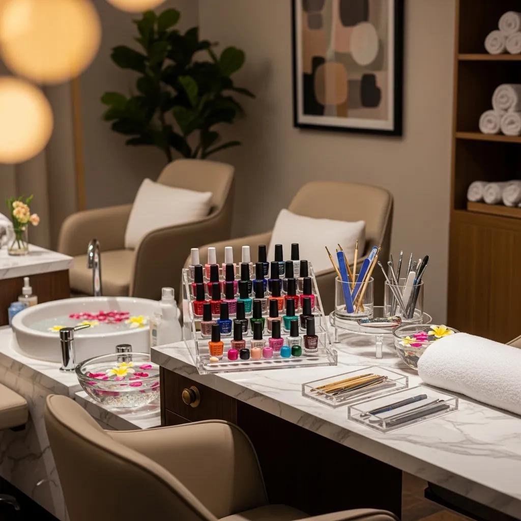 Manicure and pedicure setup in a cozy salon environment with colorful nail polishes and tools