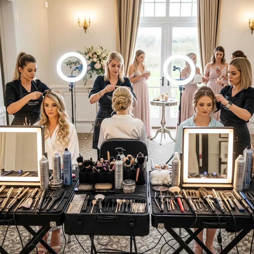 Mobile bridal hair setup at a wedding venue with stylists preparing a bridal party
