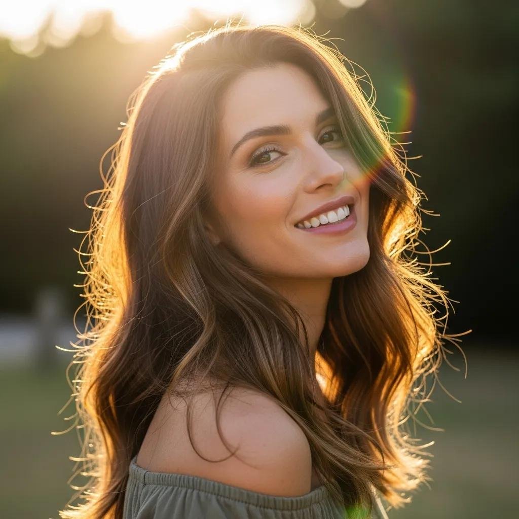 Model showing glossy, healthy-looking hair outdoors after a gloss treatment