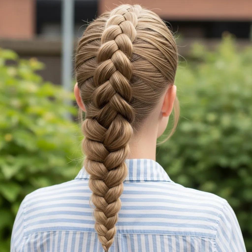 Model wearing a Dutch braid outdoors, showing the braid's raised three-dimensional profile