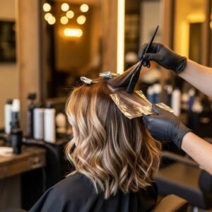 Model with dimensional hair color showcasing lowlights and highlights in a salon setting