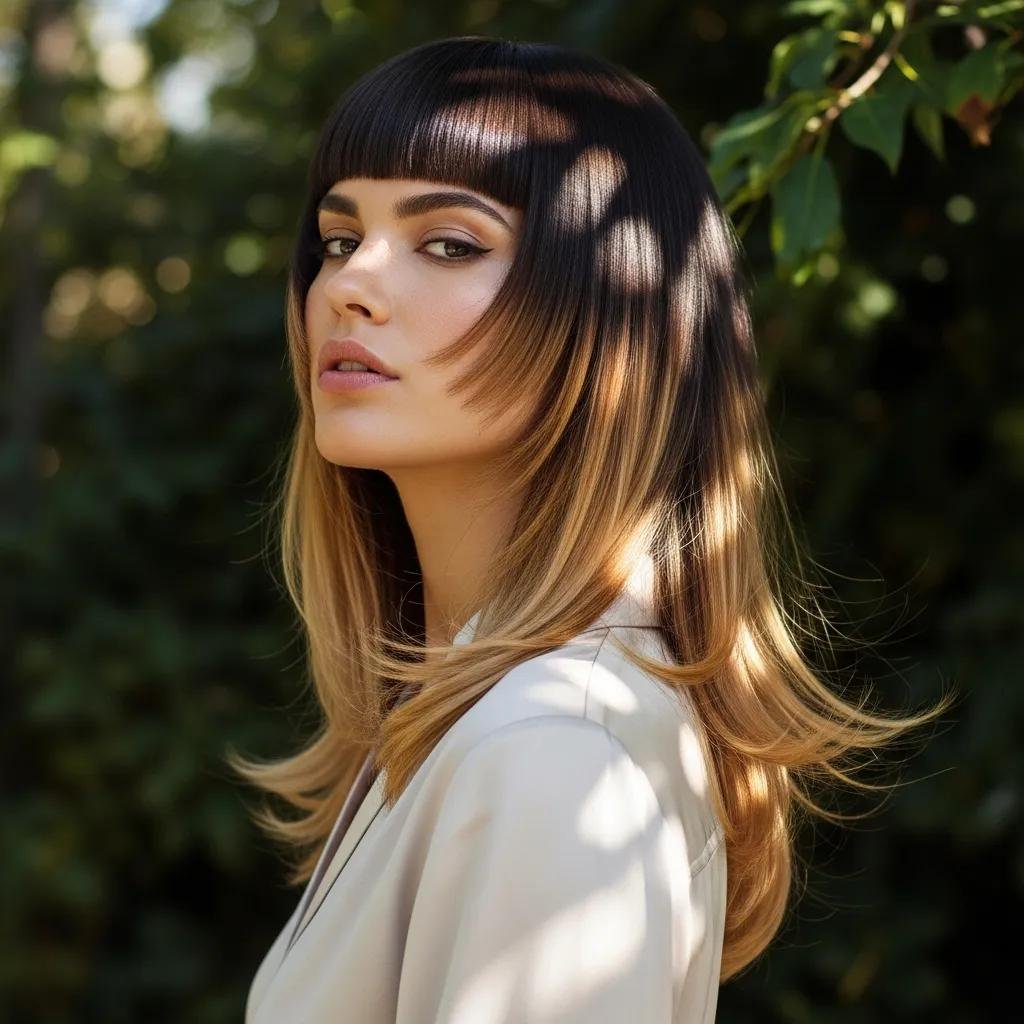 Model showing a Hime cut with honey balayage, reflecting 2025 Asian hair trends