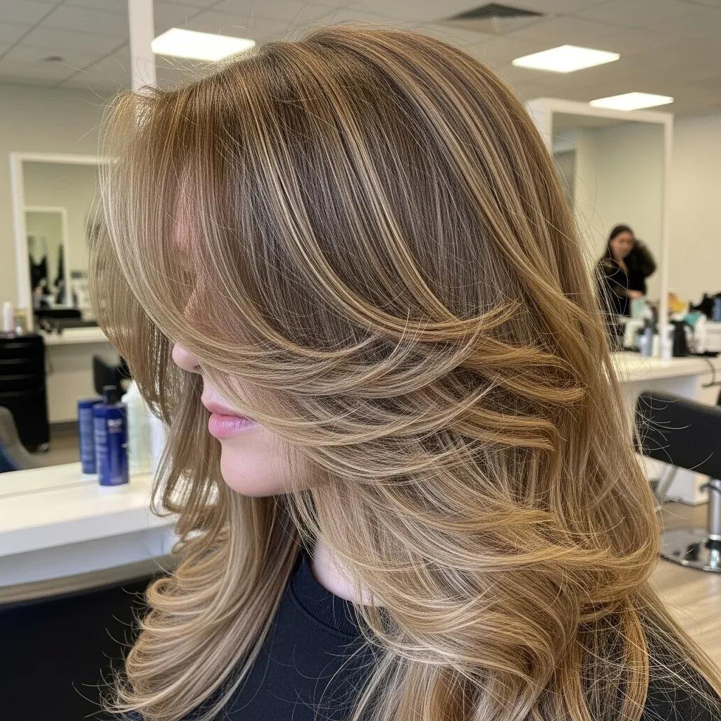 Model with long layered hair styled in soft waves showing movement from layering