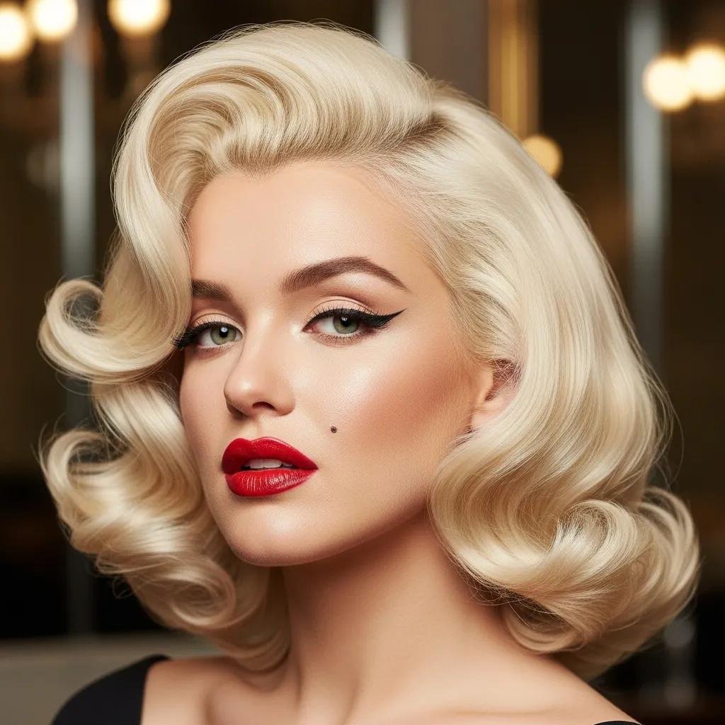 Model with Marilyn Monroe&ndash;inspired blonde waves showing soft S-shaped curls and glossy finish