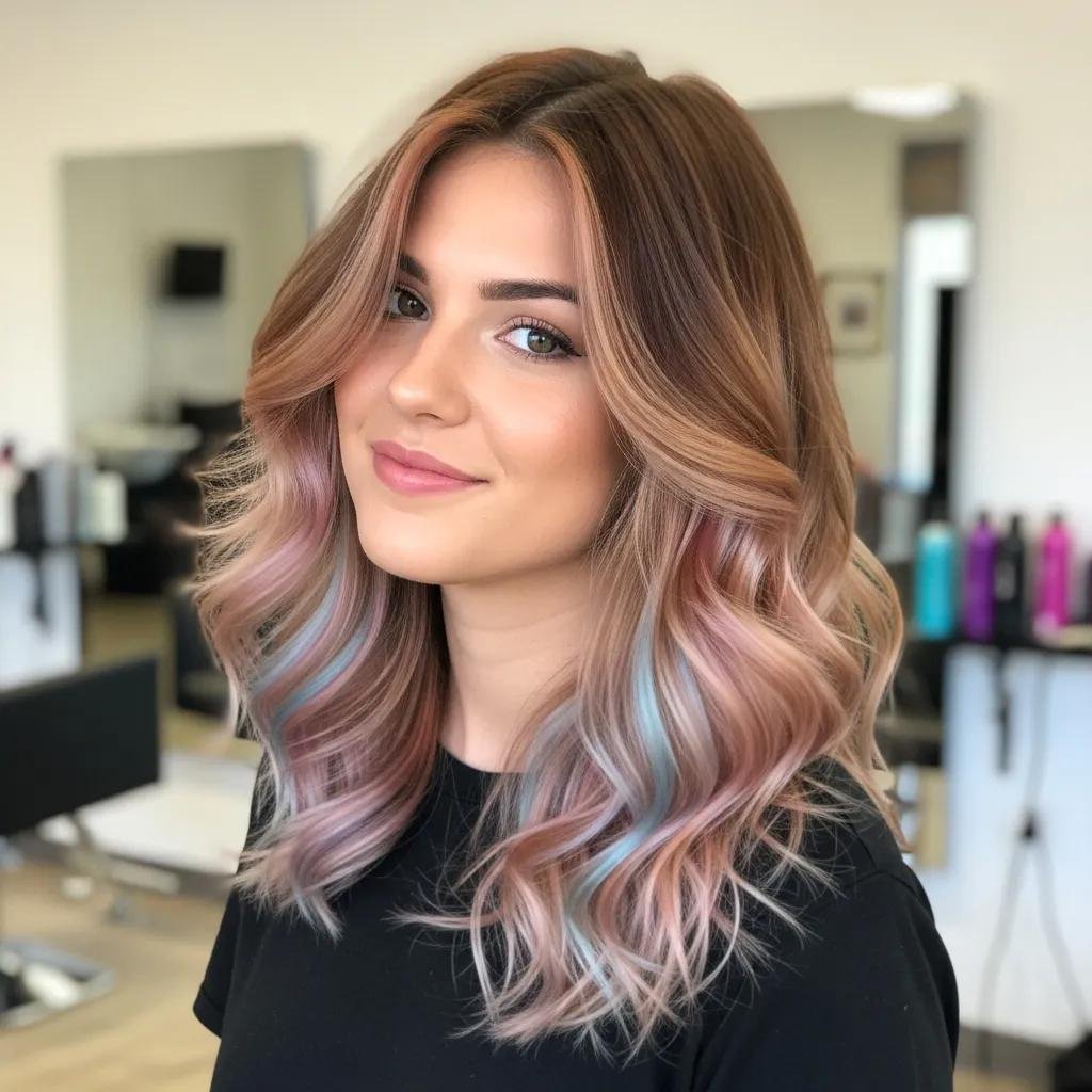 Model showing 2024 color trends: soft brunette with warm lowlights