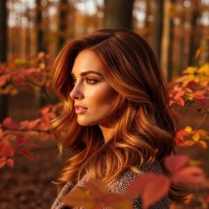 Model with warm autumn hair color trends in a colorful fall setting