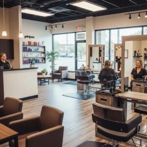 Modern hair salon interior in Bethesda, showcasing stylish stations and a welcoming atmosphere