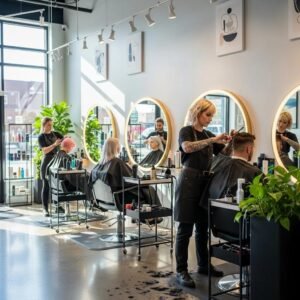 Modern hair salon interior with diverse clients receiving haircuts and stylists at work