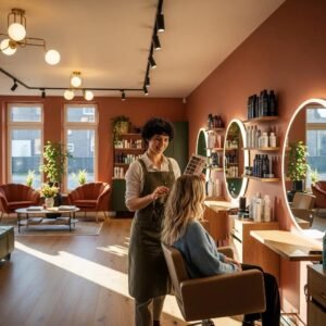Modern hair salon interior with stylish stations and a stylist engaging with a client