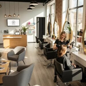 Modern hair salon interior with stylish stations and a welcoming atmosphere