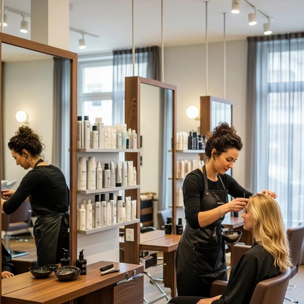 Modern hair salon interior with stylist and client, showcasing expert hair care services
