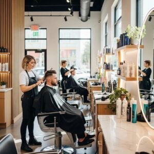 Modern hair salon interior with stylist and client, showcasing expert haircuts and inviting atmosphere