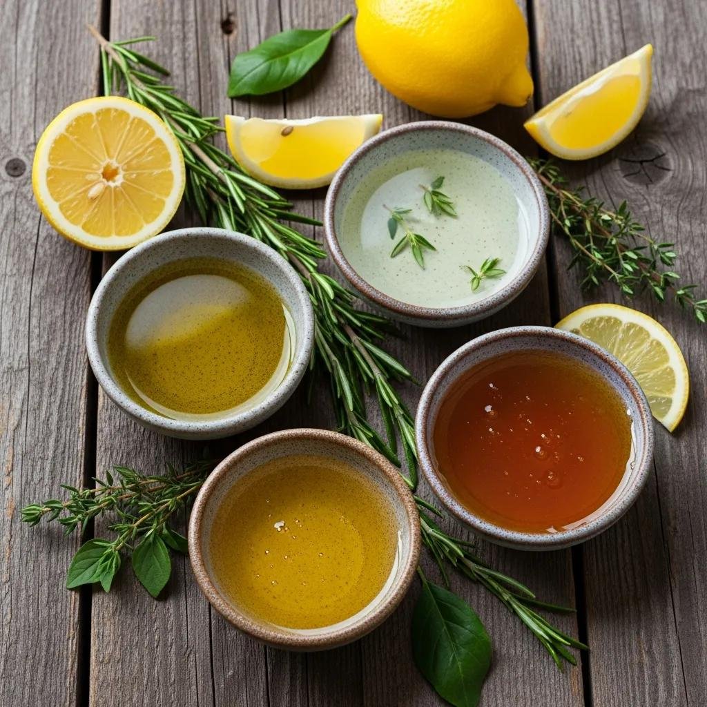 Olive oil, jojoba oil and honey arranged on wood &mdash; natural nail treatment ingredients