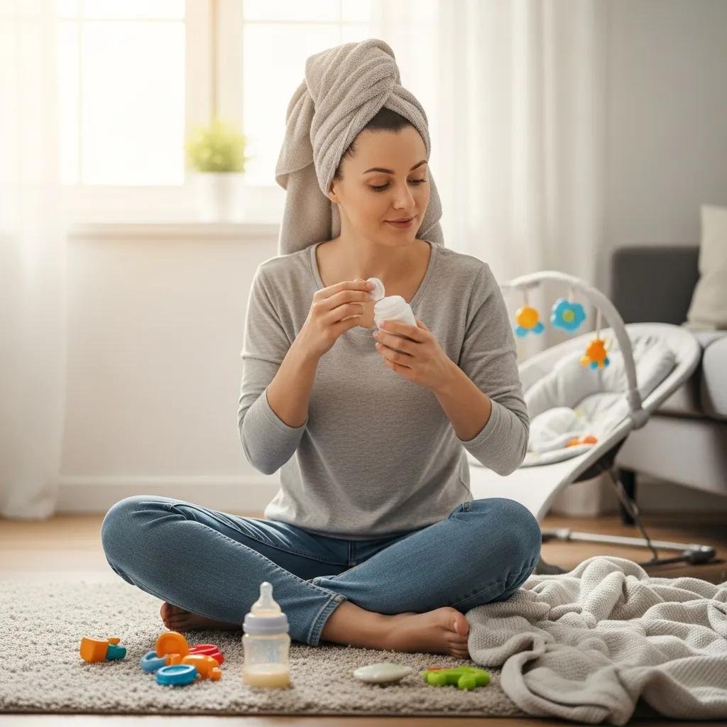 New mom applying a gentle hair treatment at home — practical postpartum hair care routine